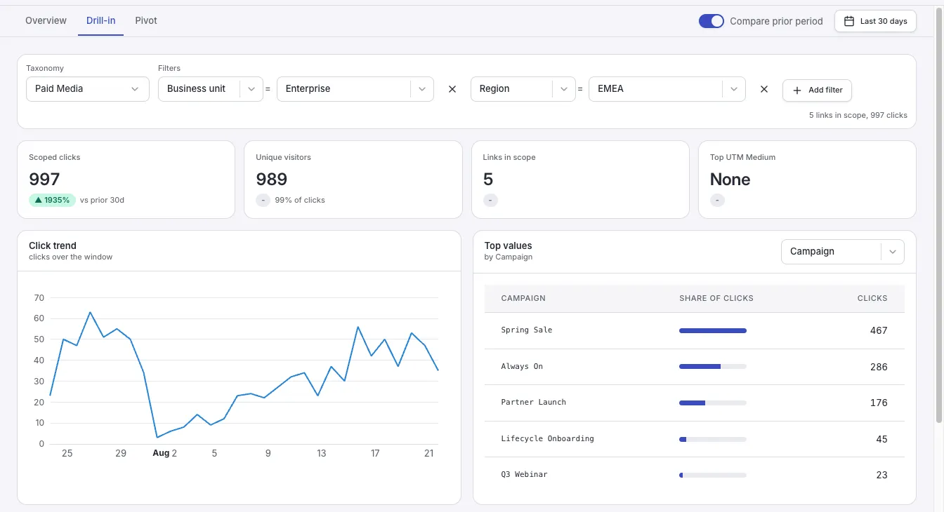The drill-in view with two stacked filters, Business unit is Enterprise and Region is EMEA, narrowing the scope to five links and 997 clicks, with the remainder broken down by Campaign.