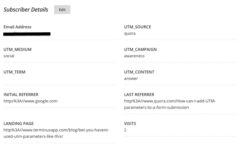 Subscriber with UTM and Referrer information
